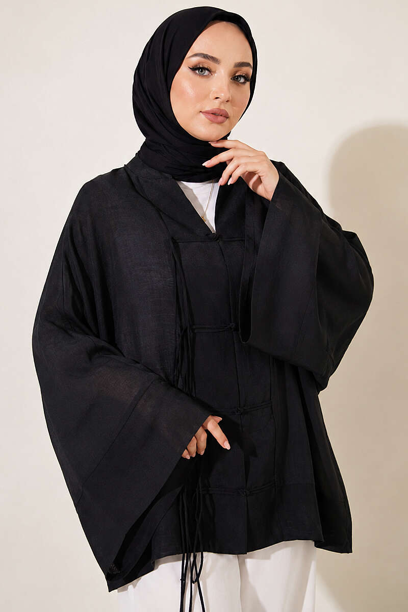 Oversized Tulle Kimono with Front Ties - Black