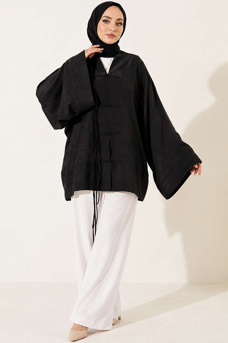 Oversized Tulle Kimono with Front Ties - Black
