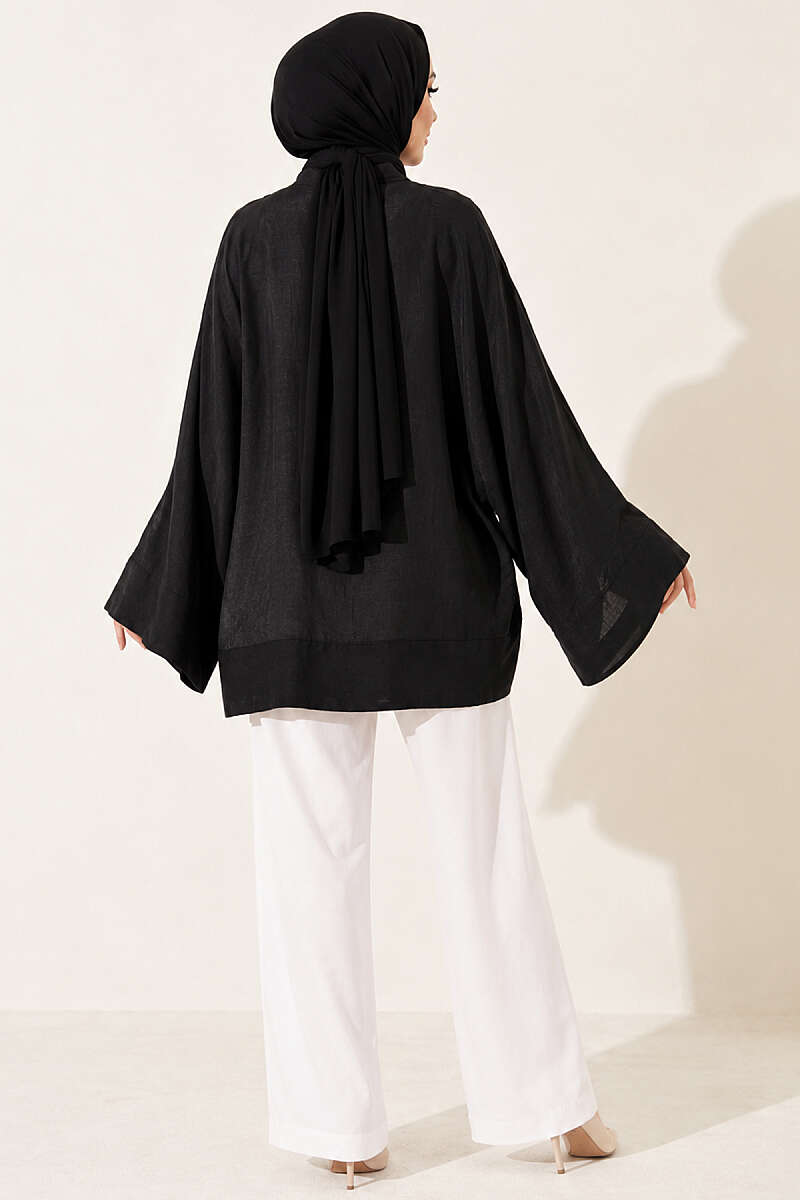 Oversized Tulle Kimono with Front Ties - Black