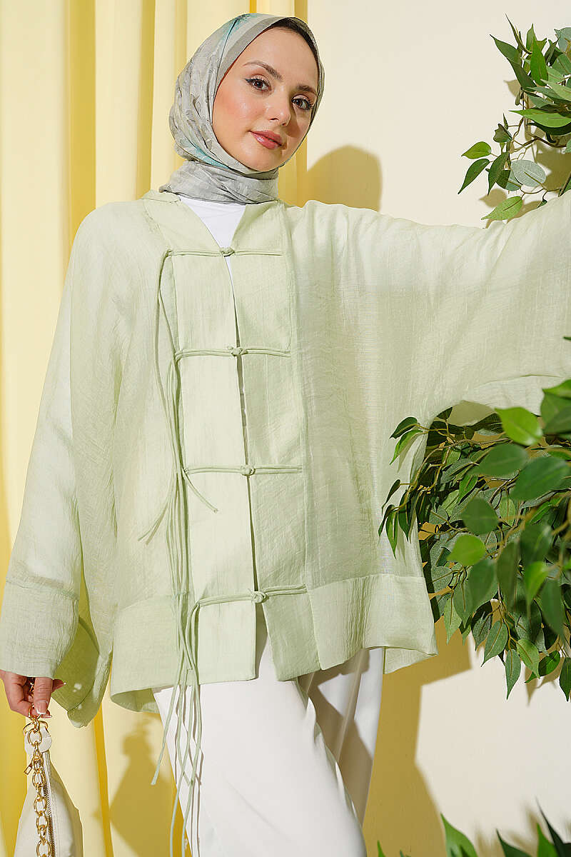 Oversized Tulle Kimono with Front Ties - Aqua Green