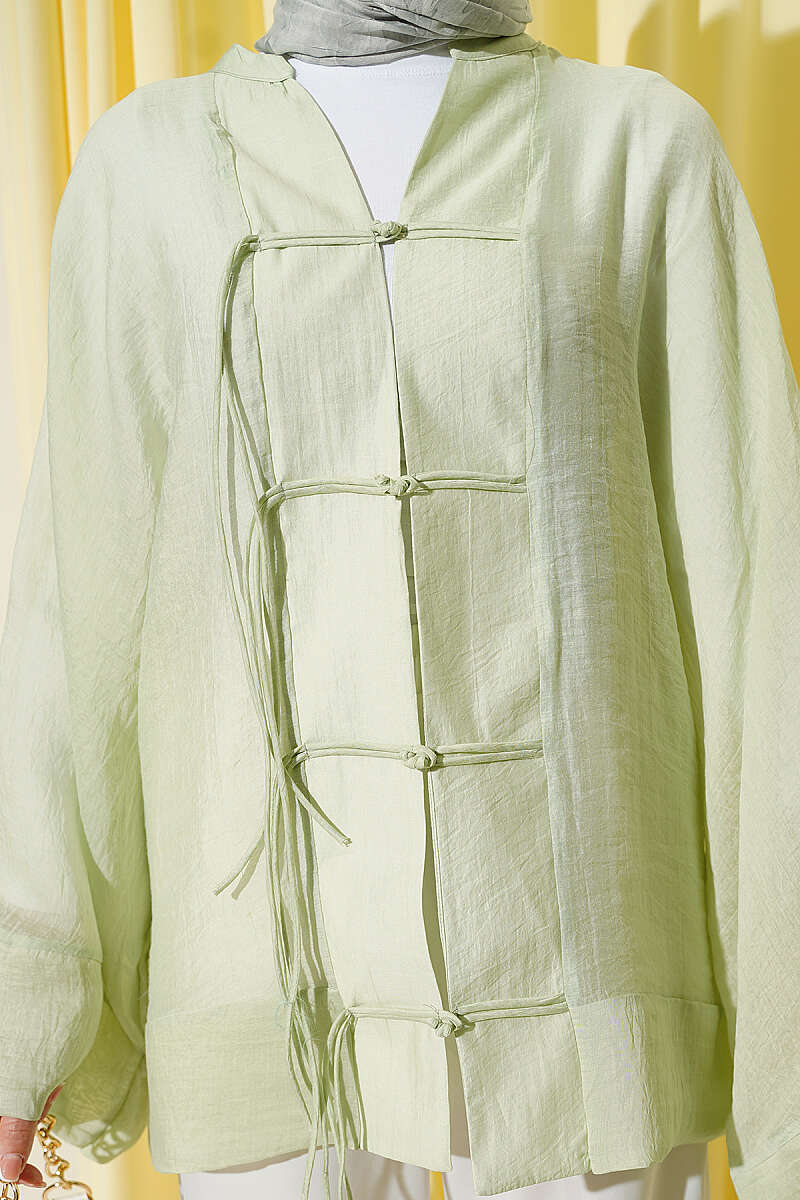 Oversized Tulle Kimono with Front Ties - Aqua Green