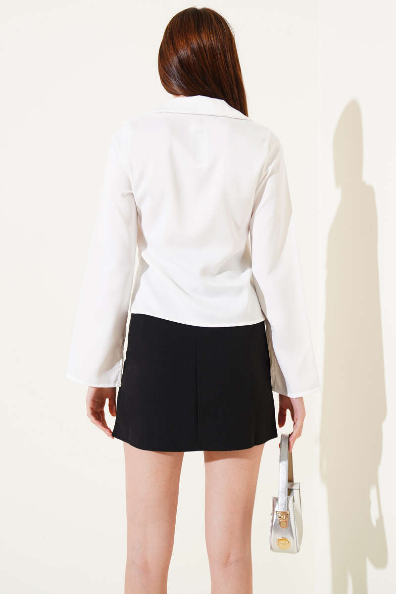 Tie-Front Short Satin Shirt - White
