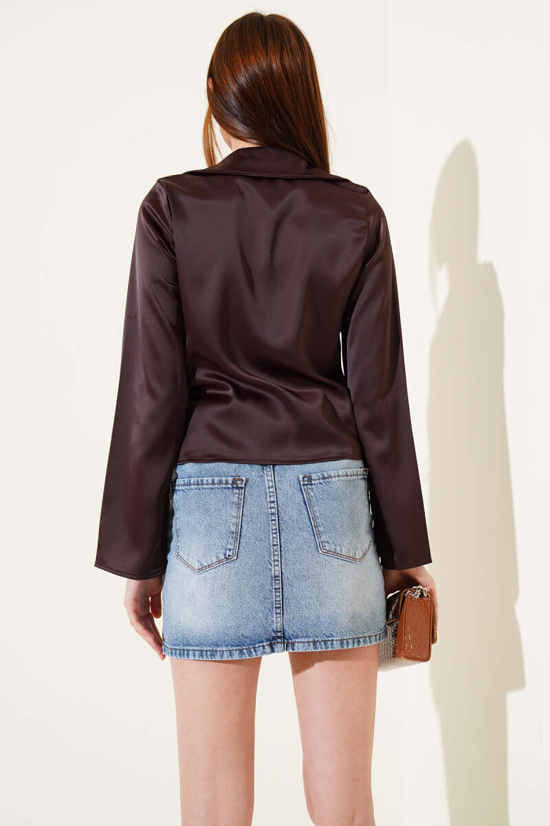 Tie-Front Short Satin Shirt - Brown