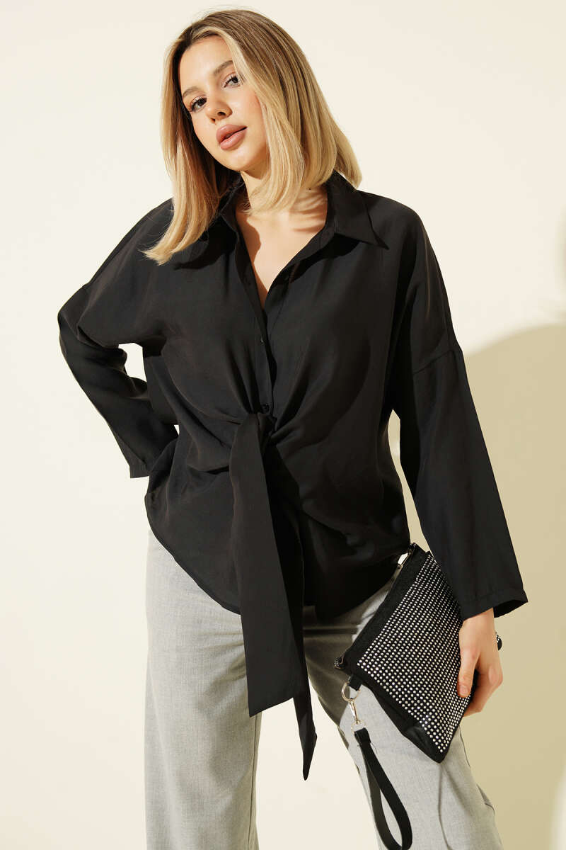 Modal Shirt with Tie-Front Detail - Black