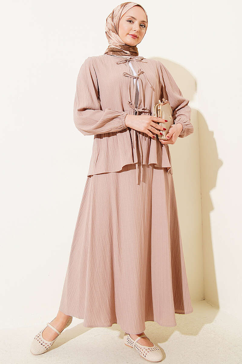 Crinkle Skirt Set with Front Tie - Beige