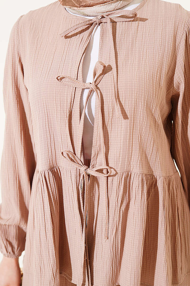 Crinkle Skirt Set with Front Tie - Beige