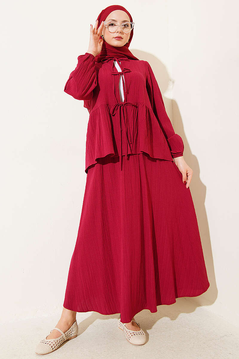Crinkle Skirt Set with Front Tie - Burgundy