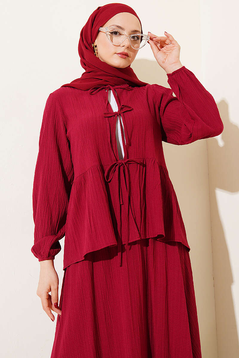 Crinkle Skirt Set with Front Tie - Burgundy