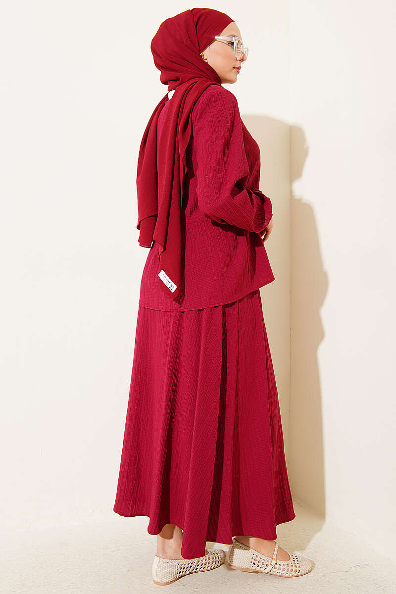 Crinkle Skirt Set with Front Tie - Burgundy