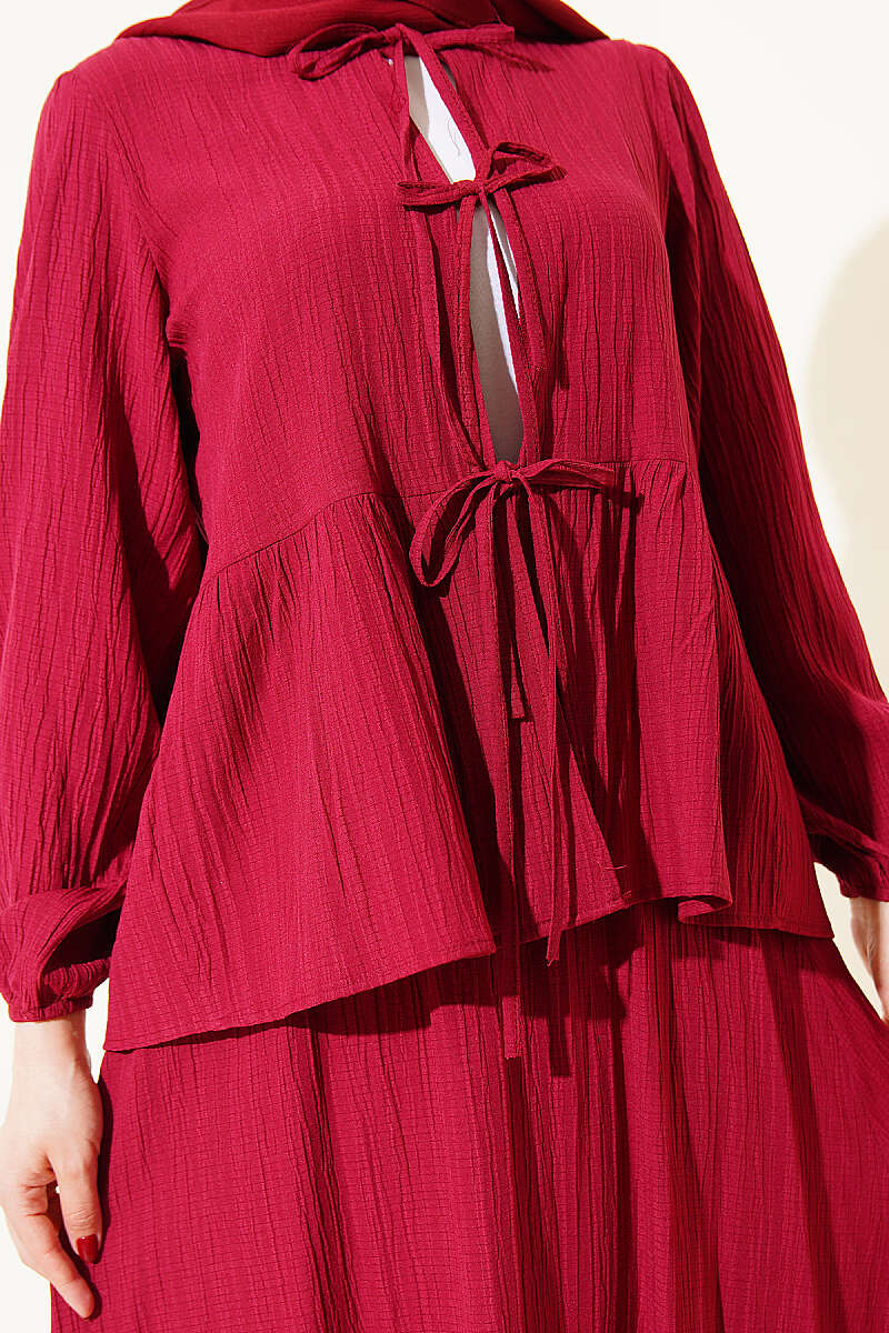 Crinkle Skirt Set with Front Tie - Burgundy