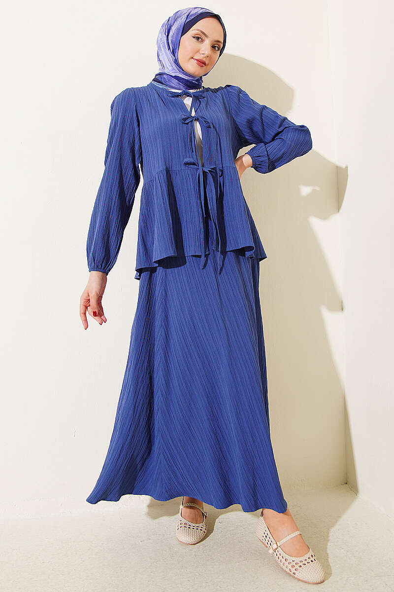 Crinkle Skirt Set with Front Tie - Indigo
