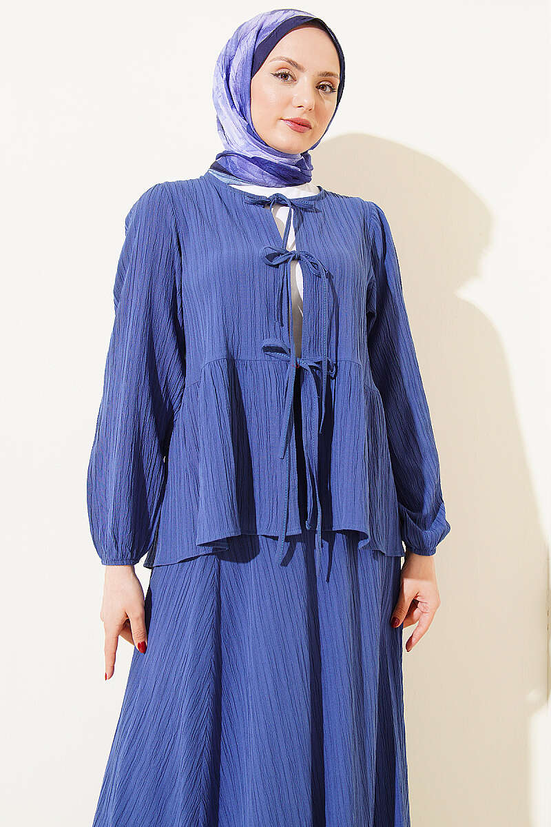 Crinkle Skirt Set with Front Tie - Indigo