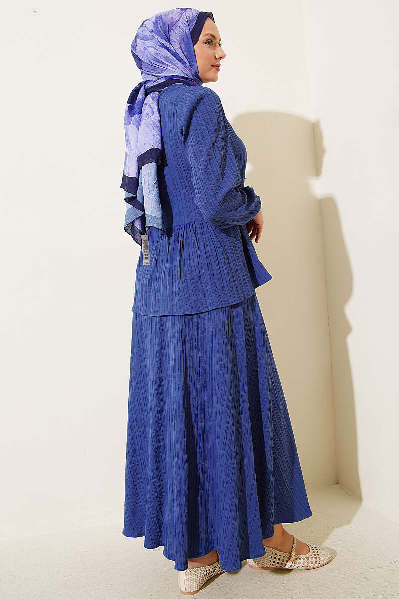 Crinkle Skirt Set with Front Tie - Indigo