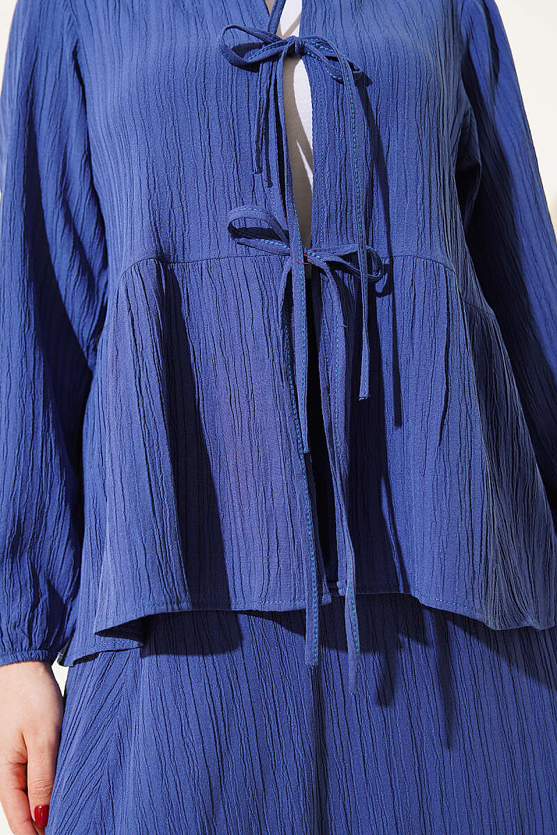 Crinkle Skirt Set with Front Tie - Indigo