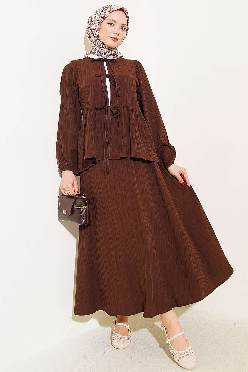 Crinkle Skirt Set with Front Tie - Brown
