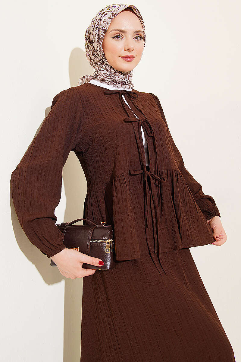 Crinkle Skirt Set with Front Tie - Brown