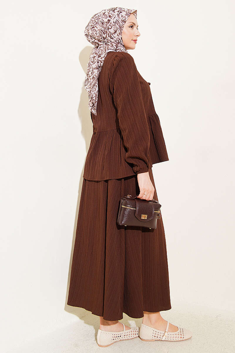 Crinkle Skirt Set with Front Tie - Brown