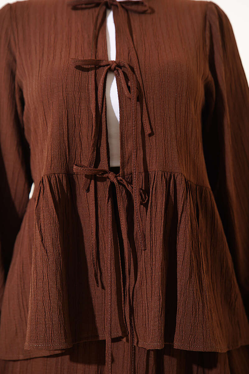 Crinkle Skirt Set with Front Tie - Brown