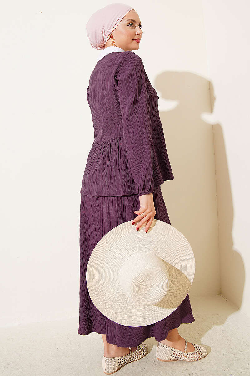 Crinkle Skirt Set with Front Tie - Plum
