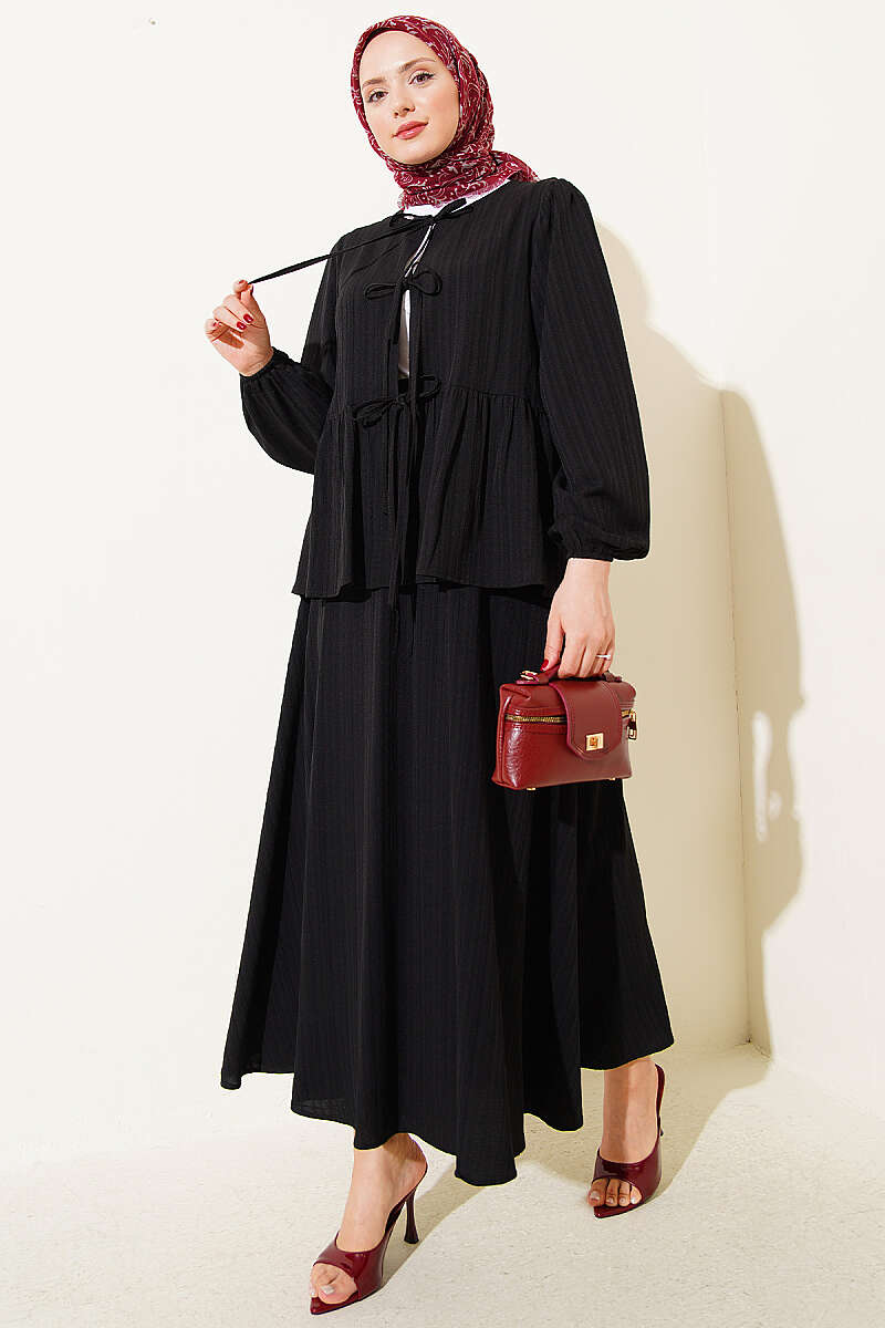 Crinkle Skirt Set with Front Tie - Black