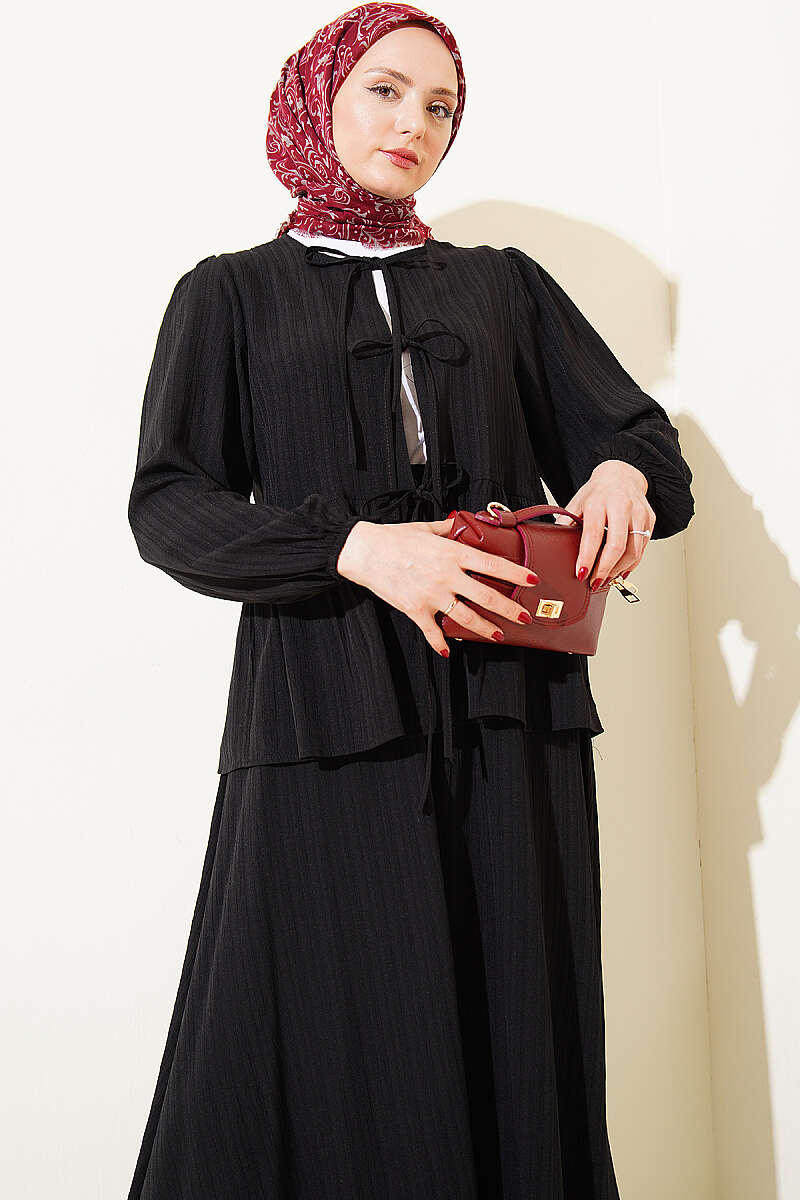 Crinkle Skirt Set with Front Tie - Black
