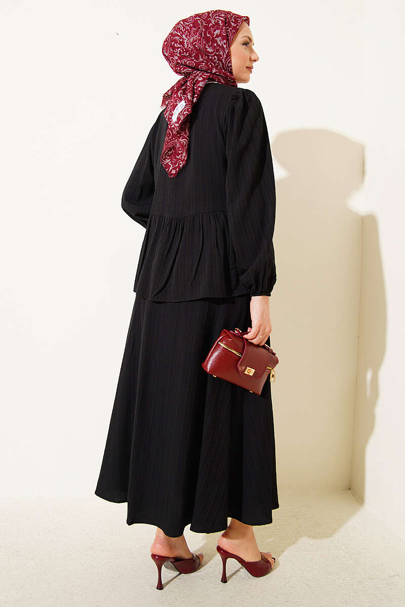Crinkle Skirt Set with Front Tie - Black