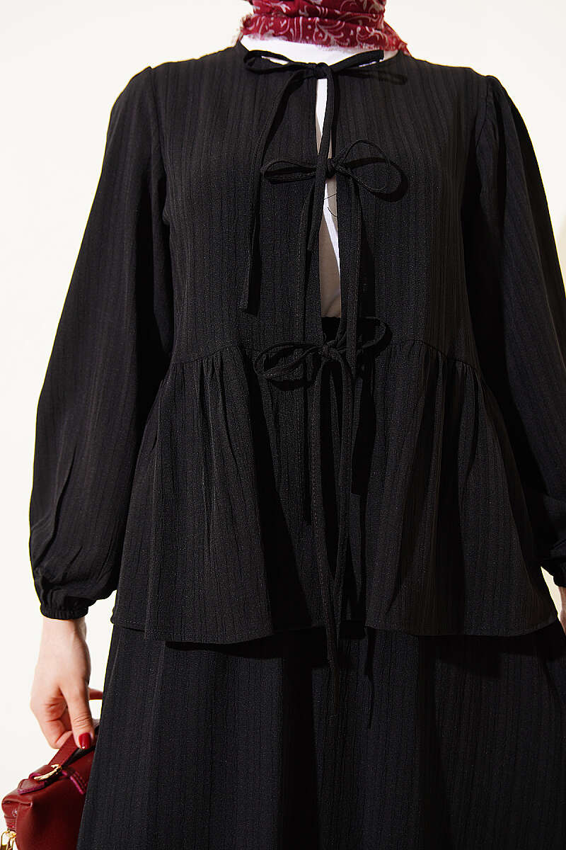 Crinkle Skirt Set with Front Tie - Black
