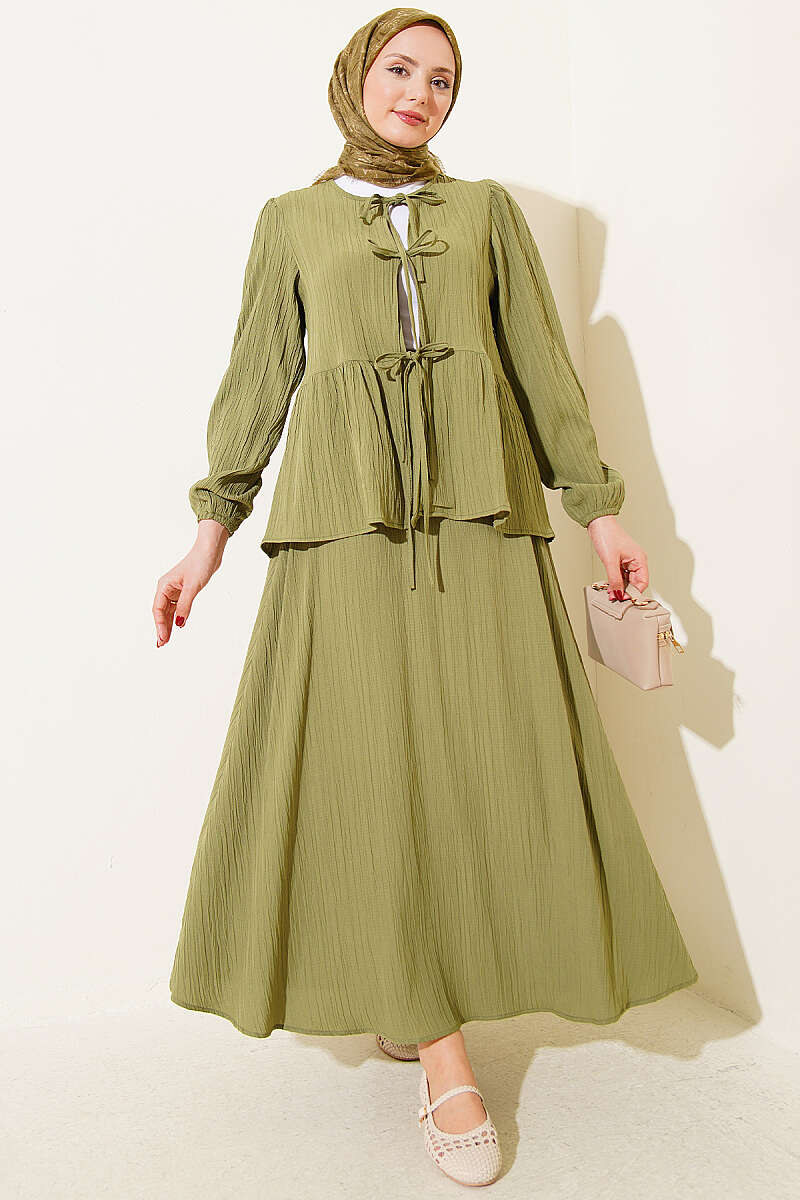 Crinkle Skirt Set with Front Tie - Green