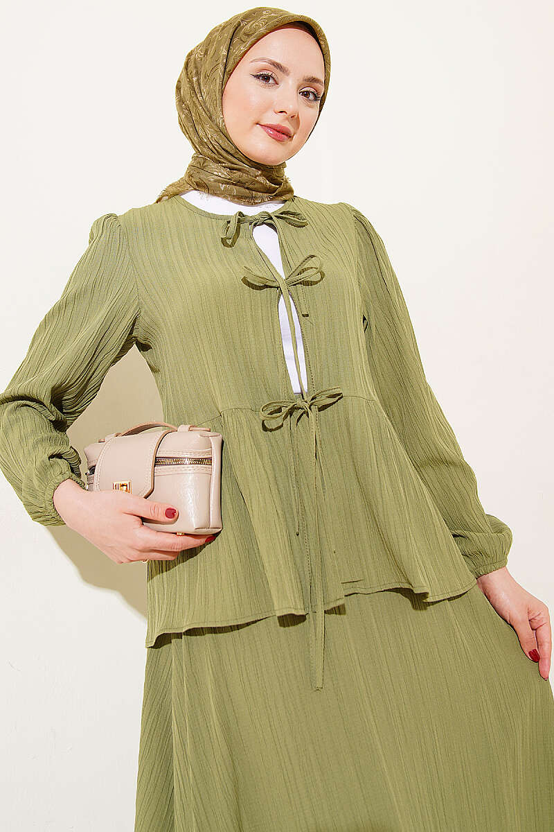 Crinkle Skirt Set with Front Tie - Green