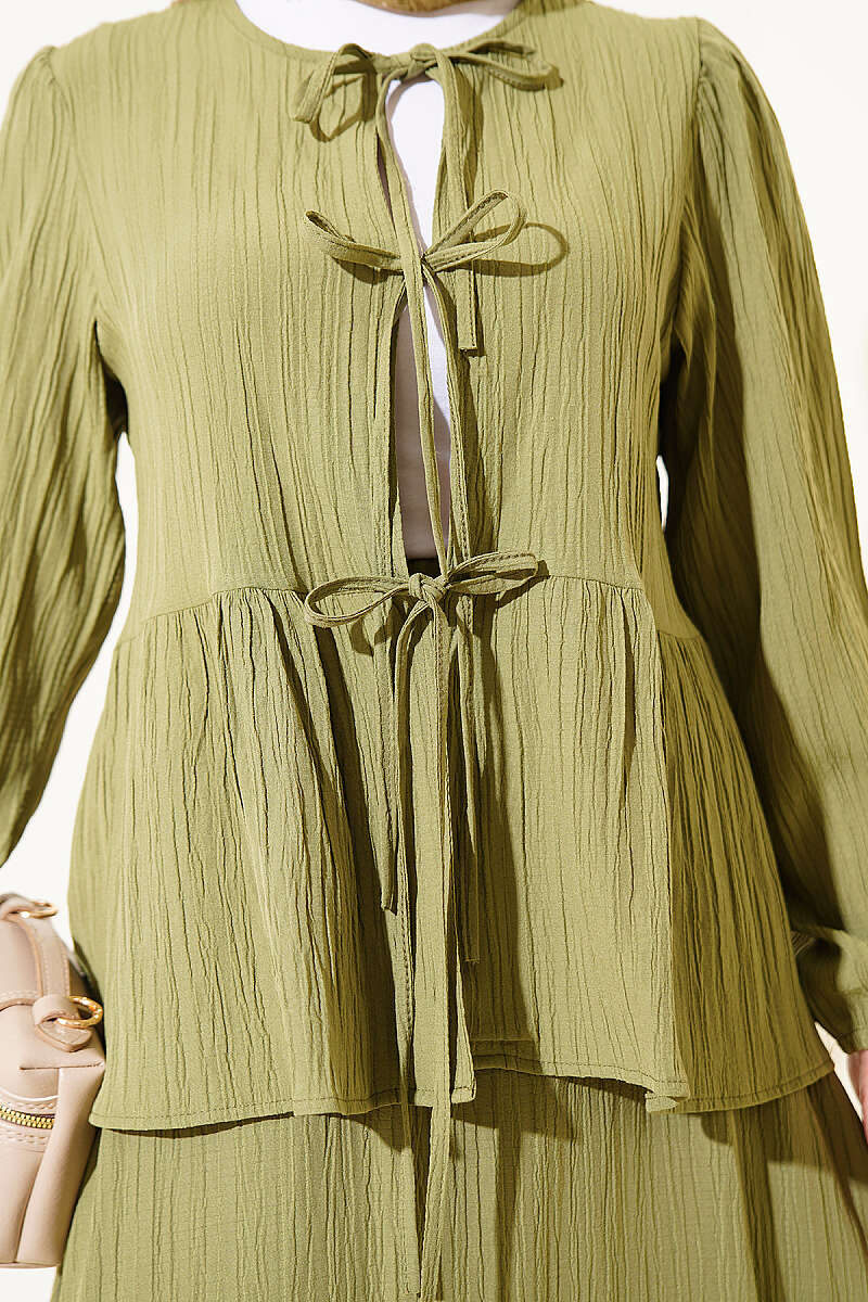 Crinkle Skirt Set with Front Tie - Green