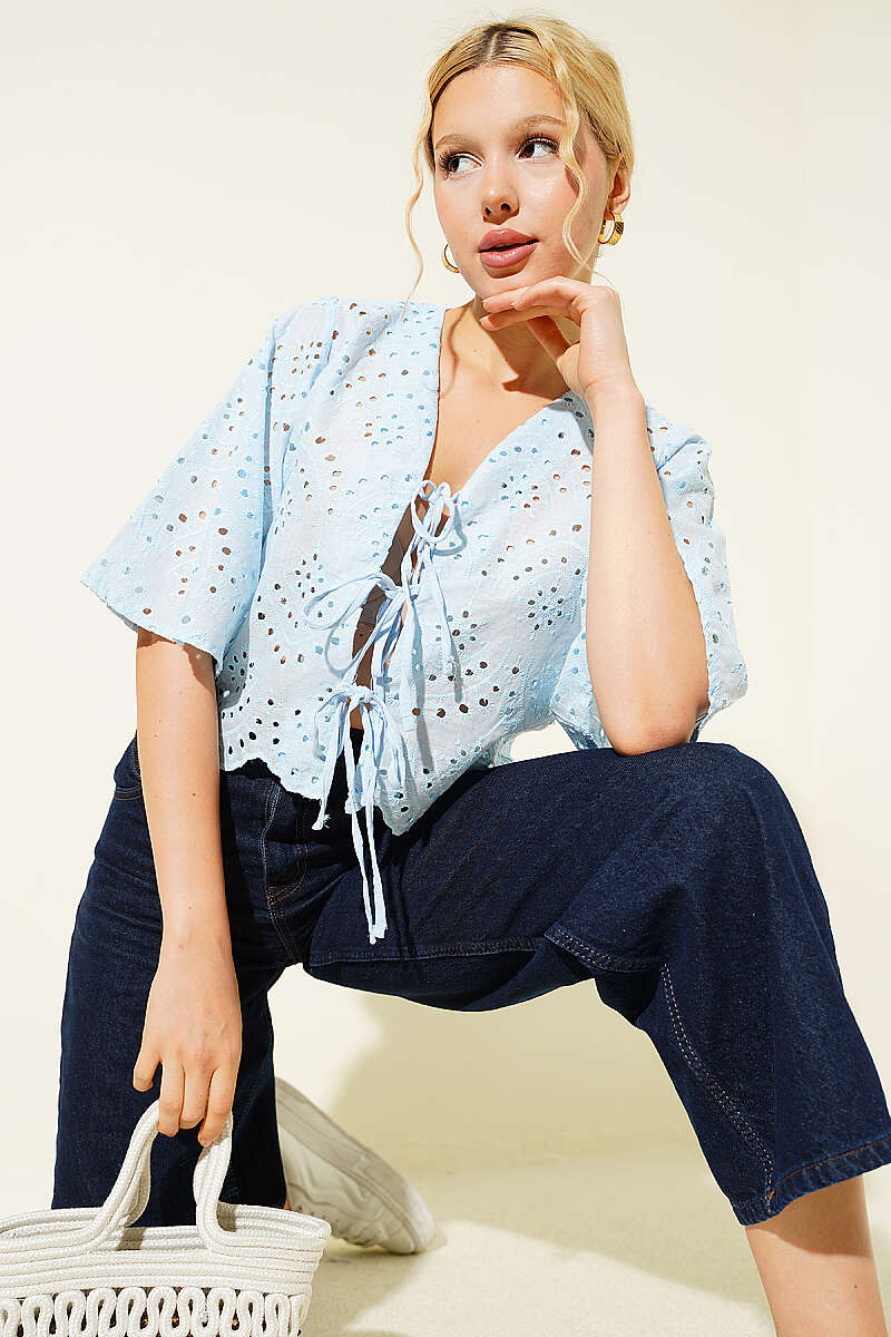Tie-Front Broderie Blouse - Light Blue