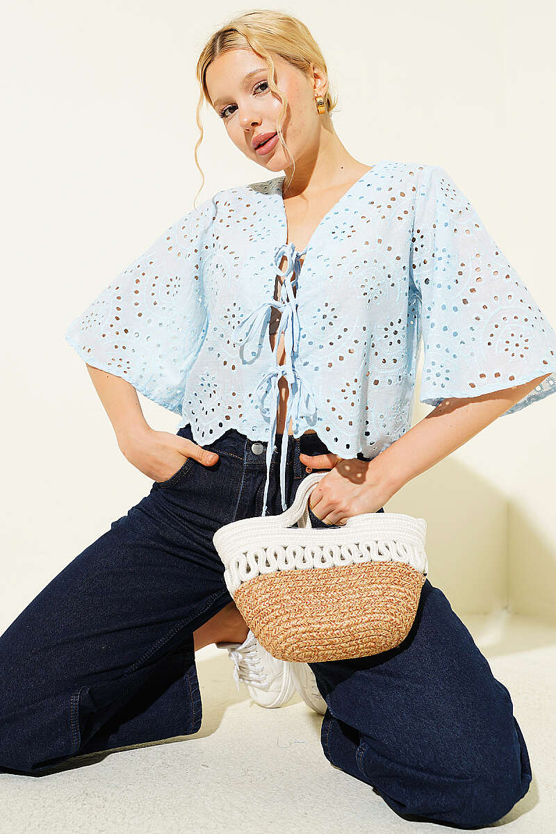 Tie-Front Broderie Blouse - Light Blue