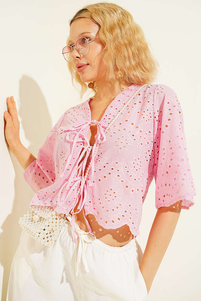 Tie-Front Broderie Blouse - Pink