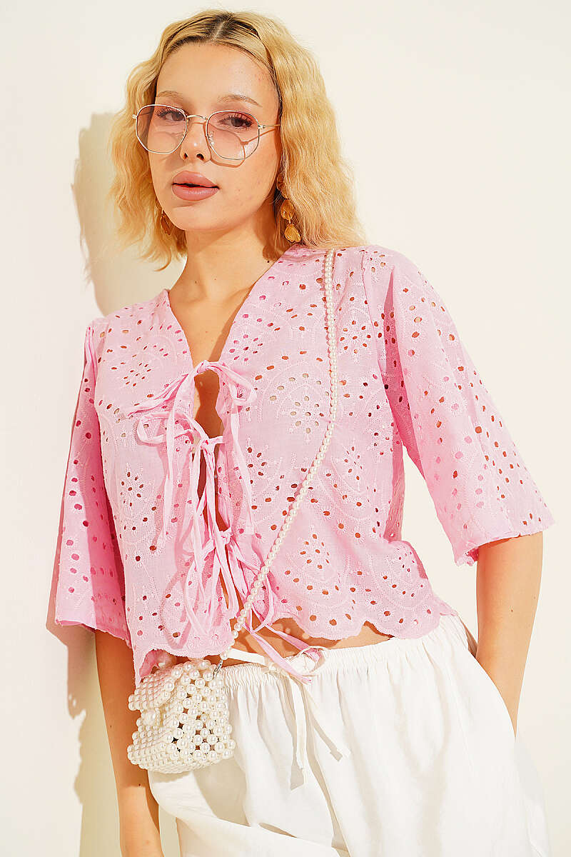 Tie-Front Broderie Blouse - Pink