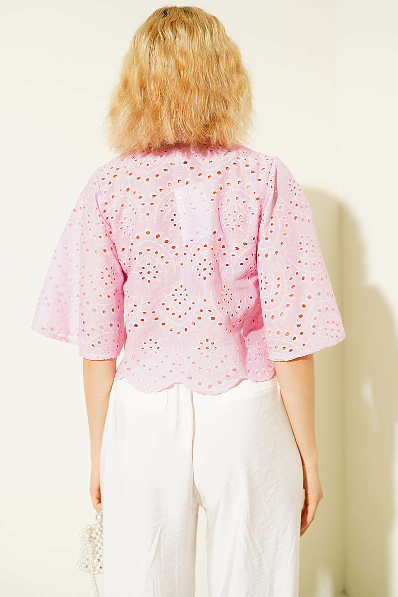 Tie-Front Broderie Blouse - Pink