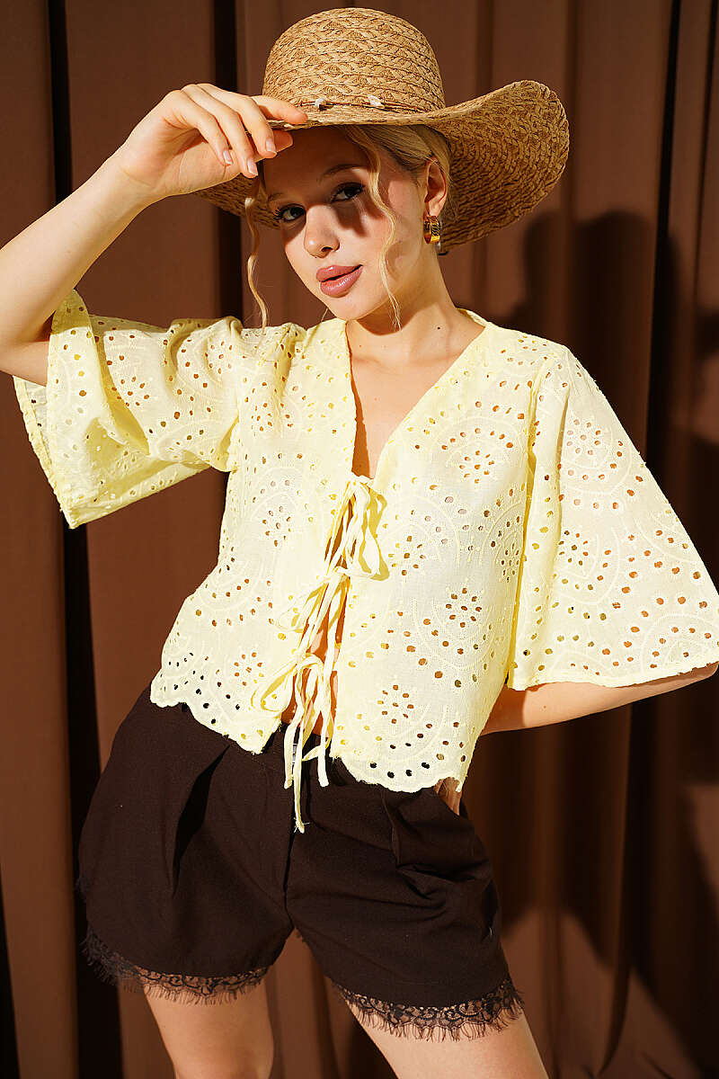 Tie-Front Broderie Blouse - Yellow