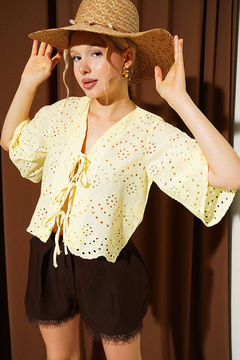 Tie-Front Broderie Blouse - Yellow