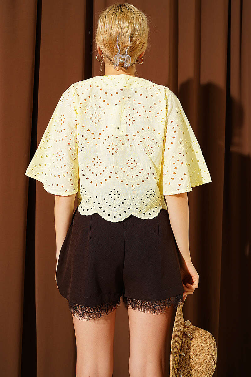 Tie-Front Broderie Blouse - Yellow