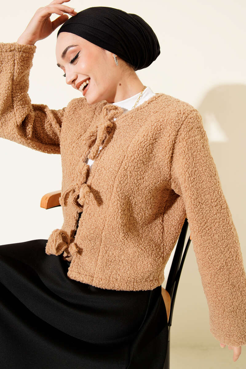 Short Tie-Front Bouclé Kimono - Latte