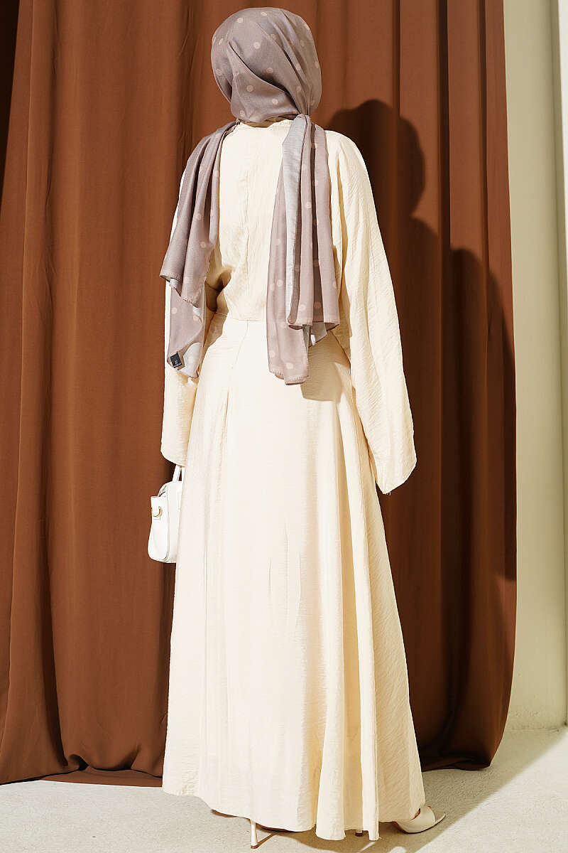 Front-Tie Dress with Gold Buckle - Beige