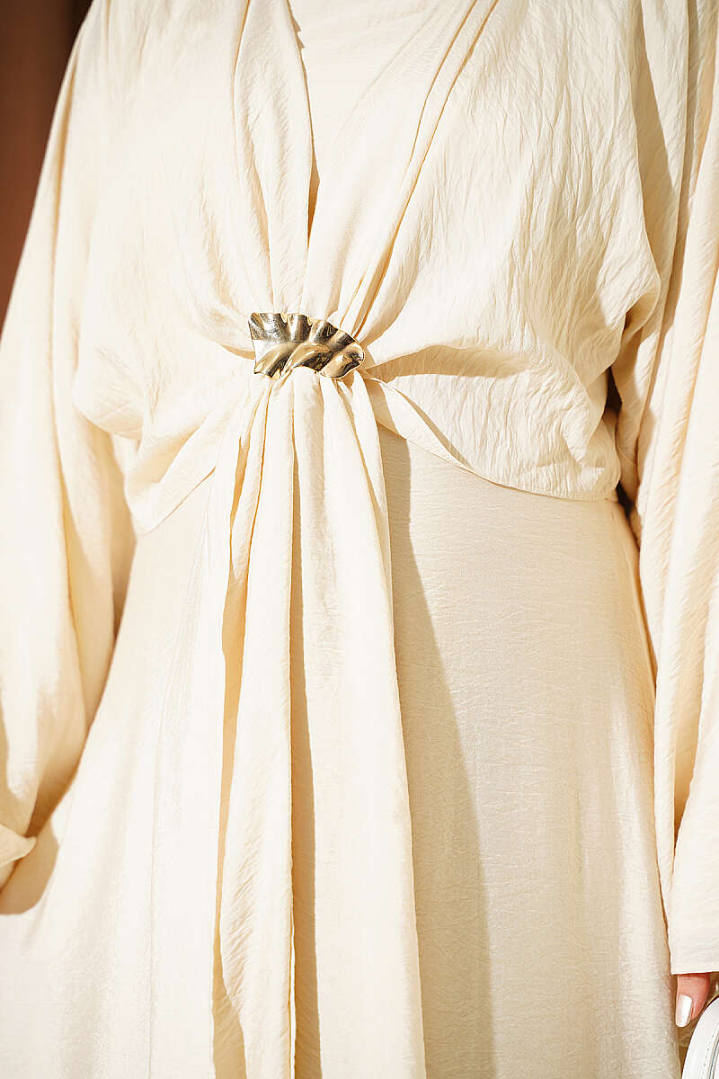 Front-Tie Dress with Gold Buckle - Beige