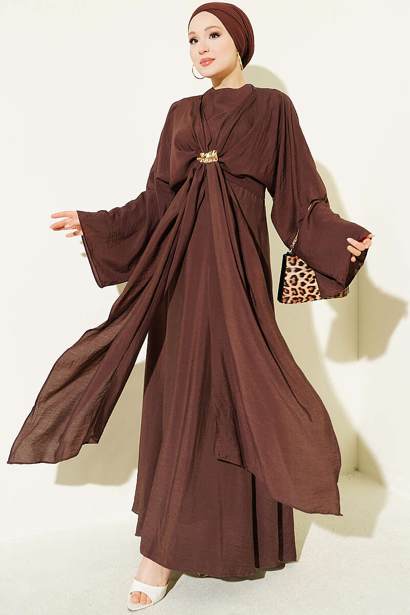 Front-Tie Dress with Gold Buckle - Brown