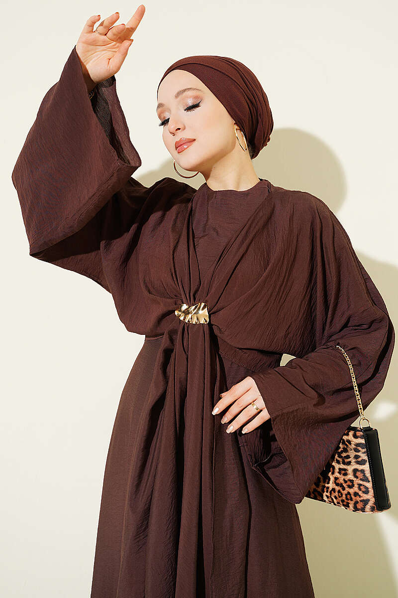 Front-Tie Dress with Gold Buckle - Brown