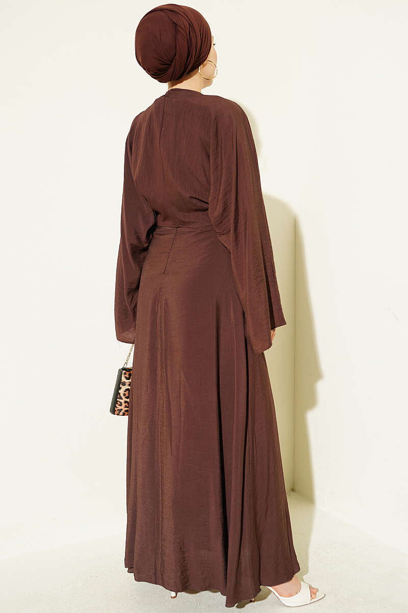 Front-Tie Dress with Gold Buckle - Brown