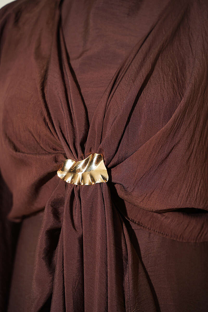 Front-Tie Dress with Gold Buckle - Brown