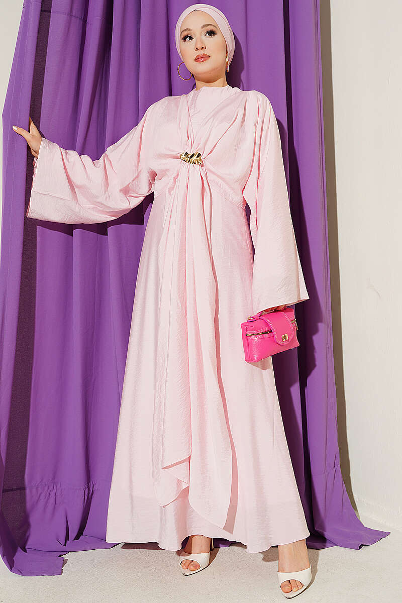 Front-Tie Dress with Gold Buckle - Pink