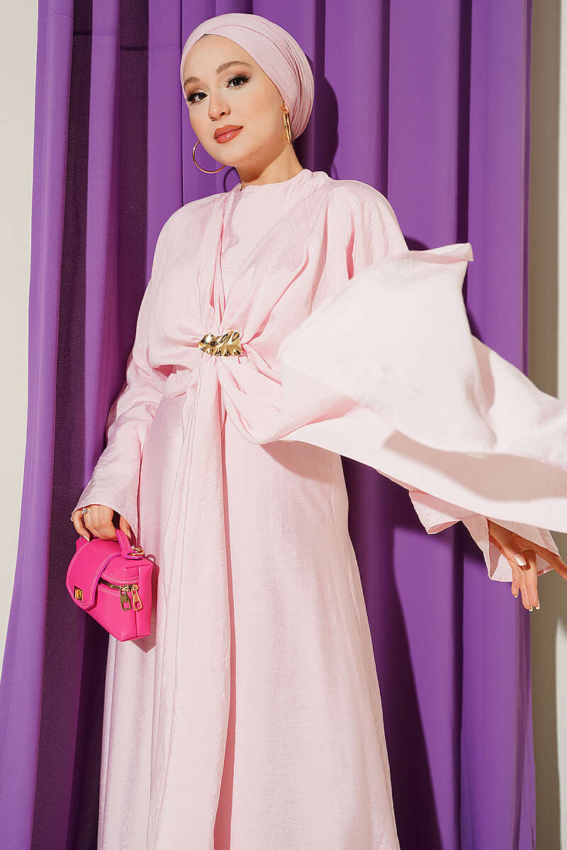 Front-Tie Dress with Gold Buckle - Pink