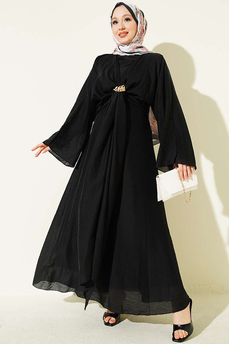 Front-Tie Dress with Gold Buckle - Black