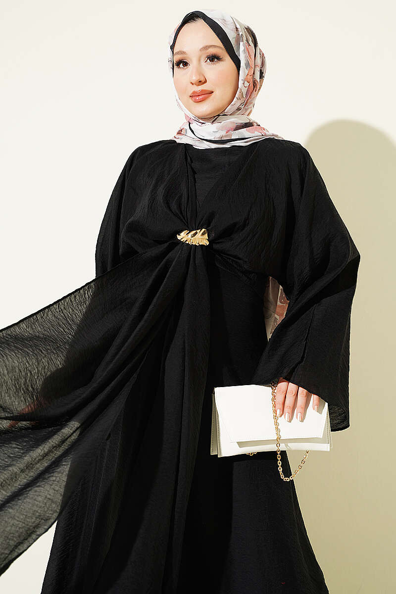 Front-Tie Dress with Gold Buckle - Black
