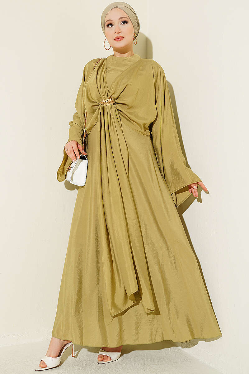 Front-Tie Dress with Gold Buckle - Olive